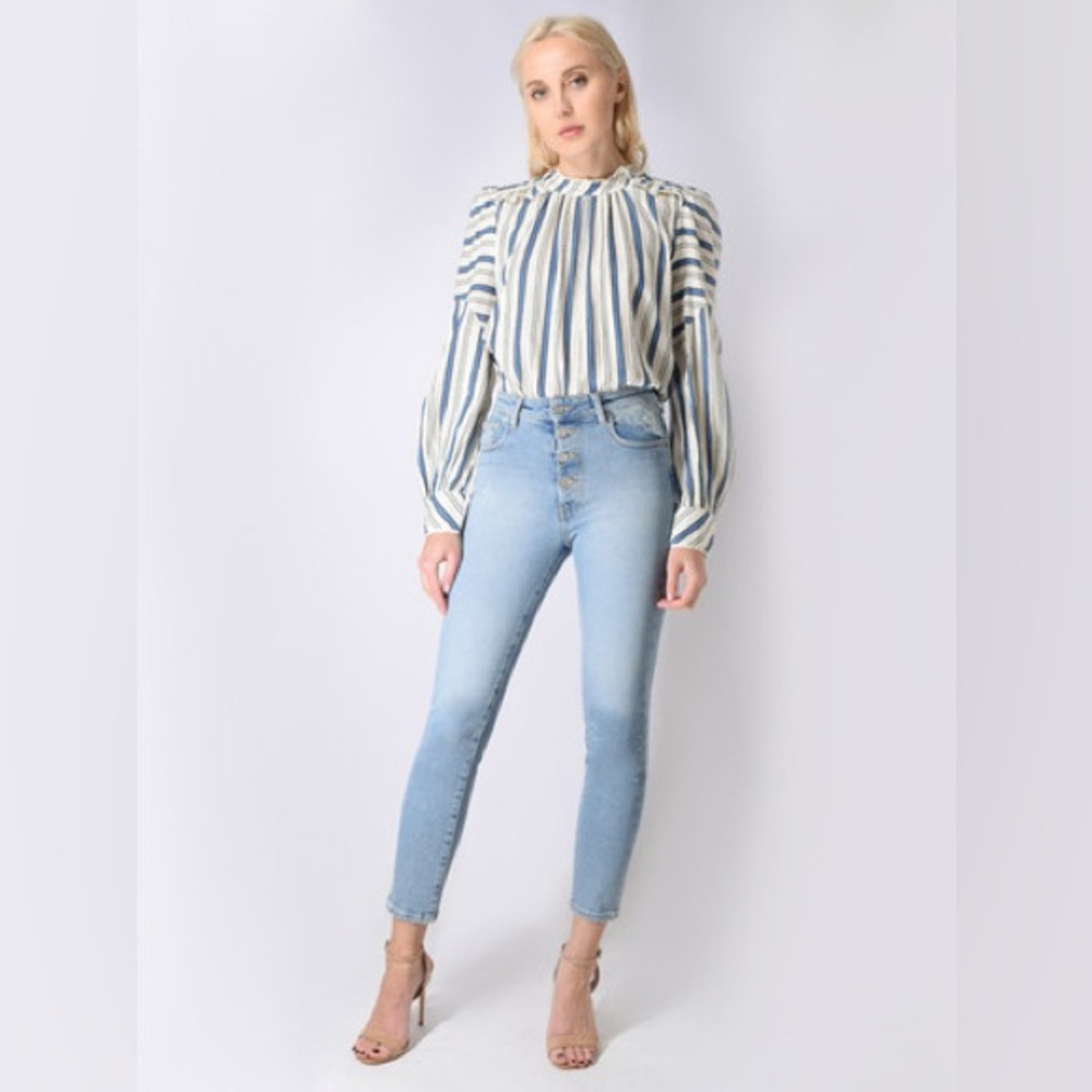 IRO Slim High Rise Gaety Jeans Light Blue 29 Distressed Denim Exposed Button Fly